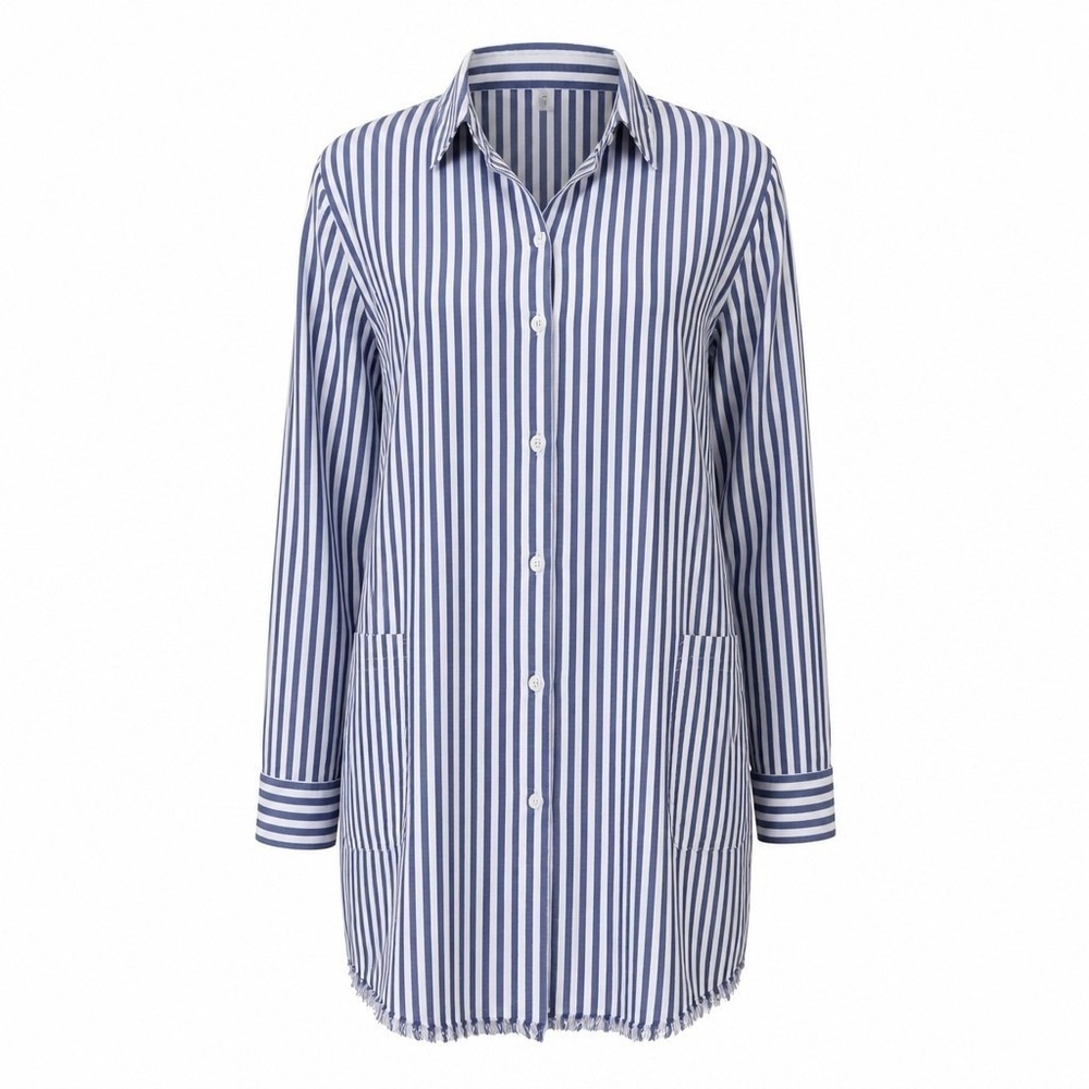 Tommy Bahama Womens XS Blue White Striped Peplum Button Down Tunic Shirt Raw Hem